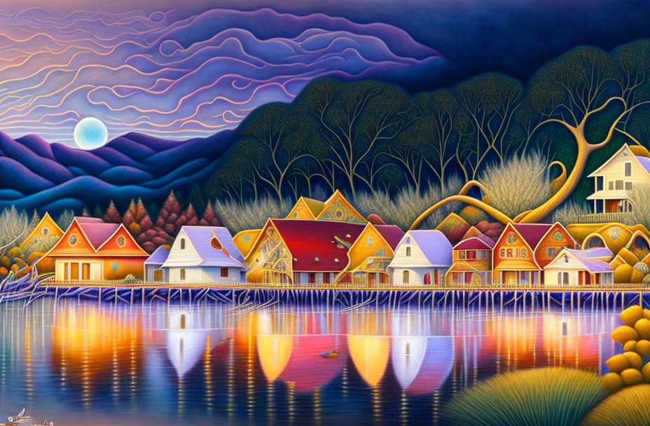 Colorful waterfront houses painting with river, trees, full moon, twilight sky