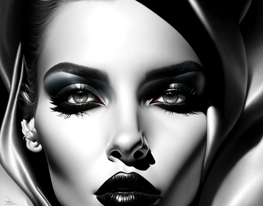 Monochrome portrait of woman with bold black lipstick and smoky eyes