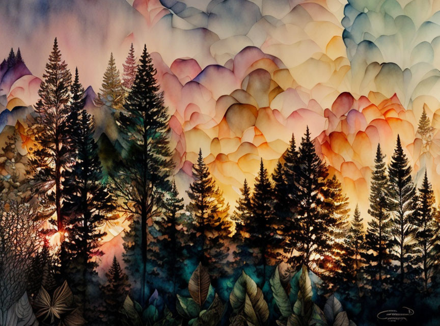 Forest watercolor painting with silhouetted pine trees and warm, colorful cloud patterns