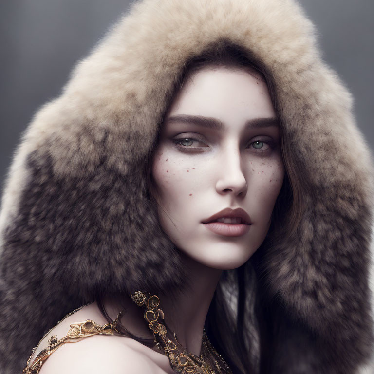 Woman with Porcelain Skin and Freckles in Luxurious Fur Hood with Chain Shoulder Embellishment