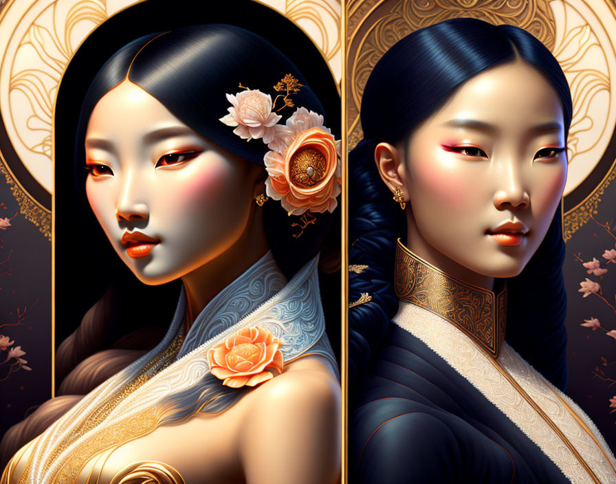 Stylized portraits of woman with elaborate hairstyles and traditional attire against golden floral backdrop