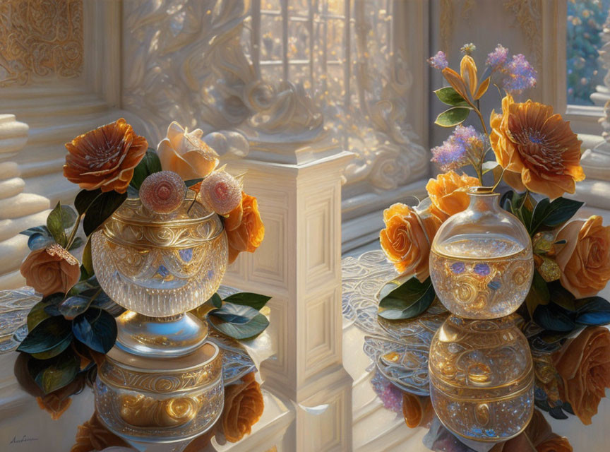 Golden bowls with roses & flowers on classical background with reflections.