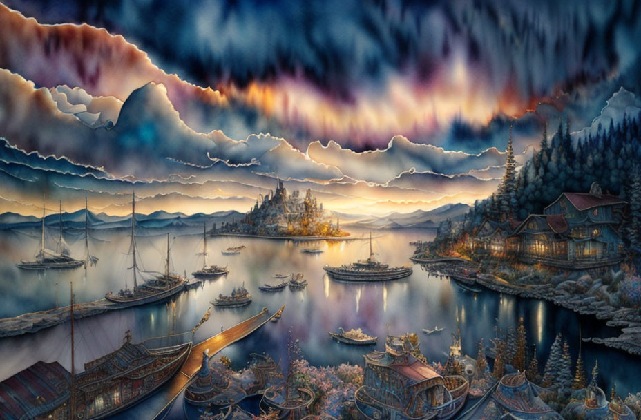 Scenic sunset harbor painting with boats, mountains, and colorful sky