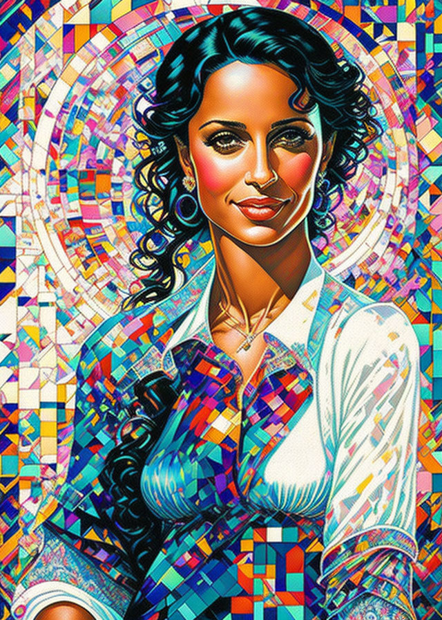 Colorful Stylized Portrait of Woman with Flowing Hair on Geometric Background