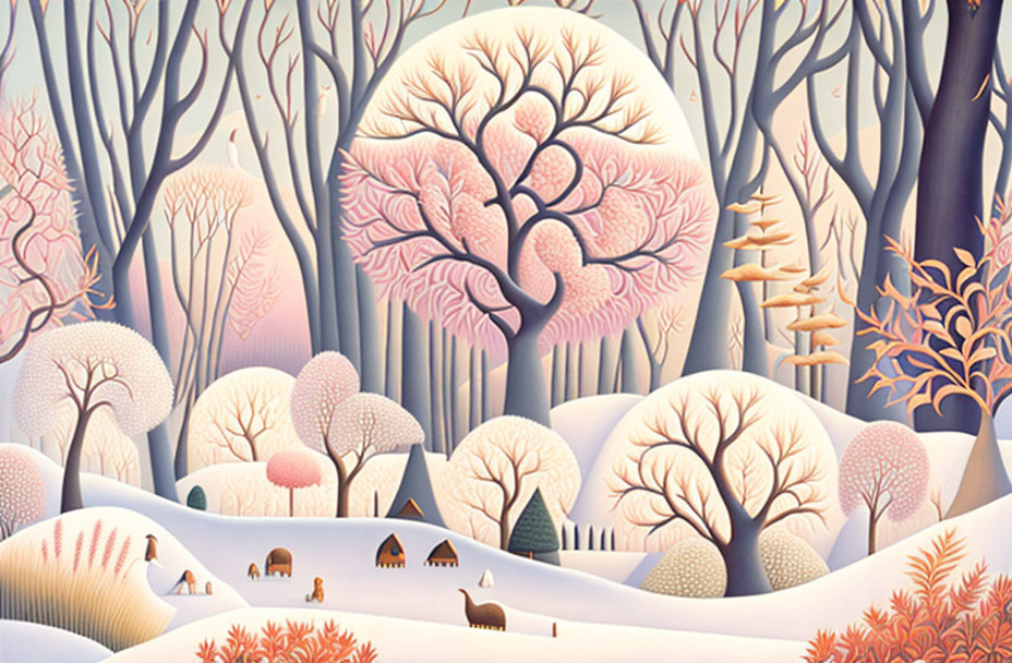 Pastel-colored winter forest illustration with stylized trees and animals