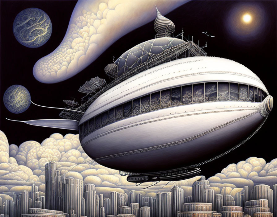 Detailed airship floating over cityscape with celestial bodies in sky