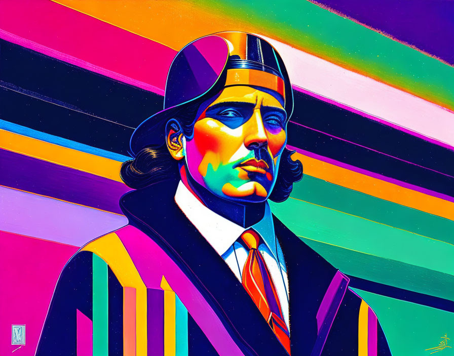 Colorful Digital Artwork of Person in Suit with 1920s Style Hat