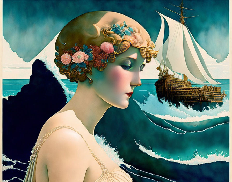 Illustration: Woman with vintage hairstyle and flowers gazing at sailing ship on turbulent sea waves in surreal