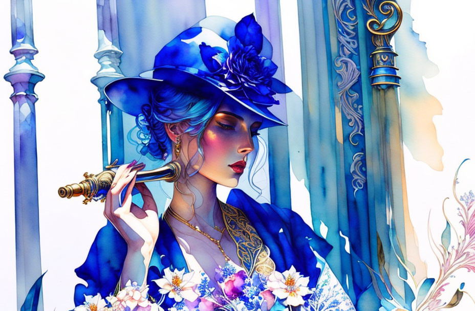 Illustrated woman with blue hair and hat holding brass telescope among floral motifs and columns