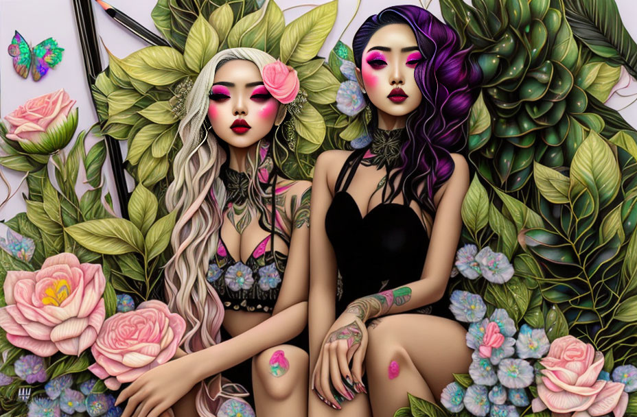 Illustrated characters with makeup and tattoos in lush greenery with butterfly