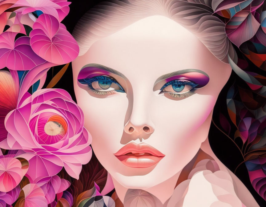 Vibrant surreal woman's face with colorful makeup and floral surroundings