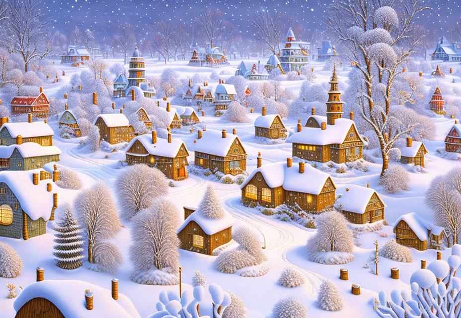 Snow-covered Winter Village Scene with Starry Night Sky