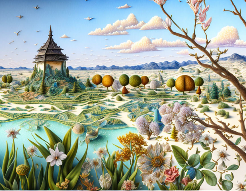 Whimsical landscape with pagoda, spherical trees, intricate plants, and blue river