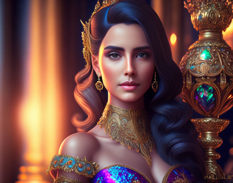 Digital Artwork: Woman with Dark Hair and Striking Eyes in Luxurious Setting