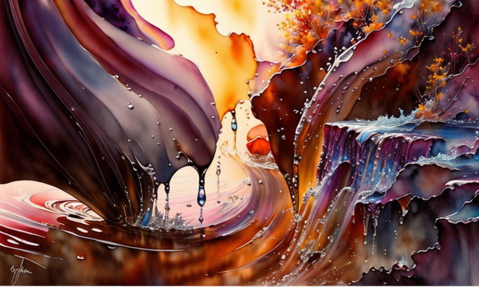 Vibrant Abstract Painting: Fire-like Textures & Cool Droplets