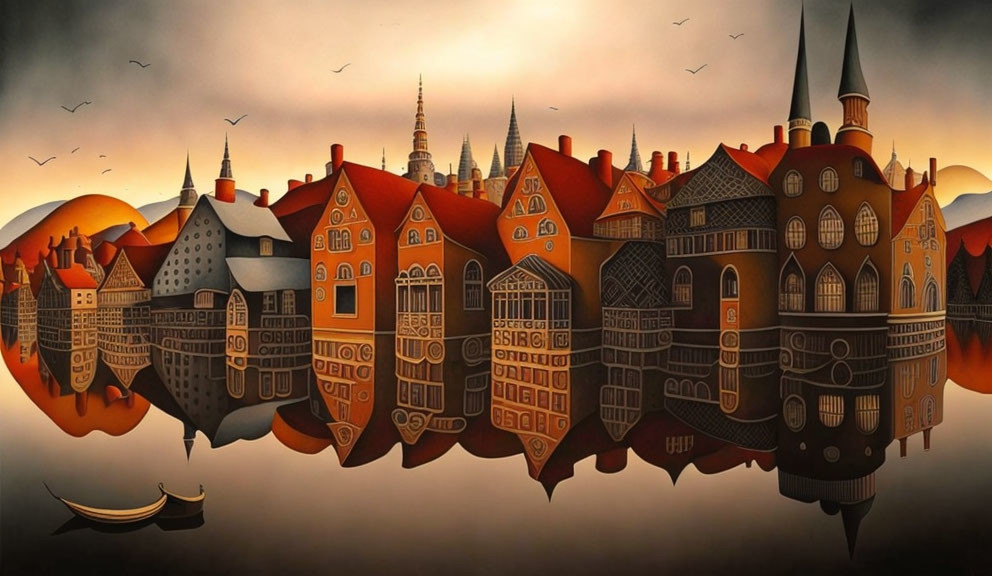 Surreal mirrored cityscape with pointed buildings under an orange sky - birds and boat on calm waters