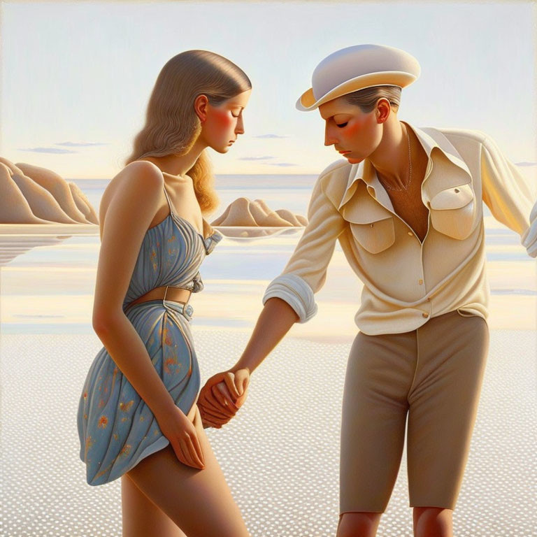 Sailor man and woman in blue dress holding hands in surreal landscape