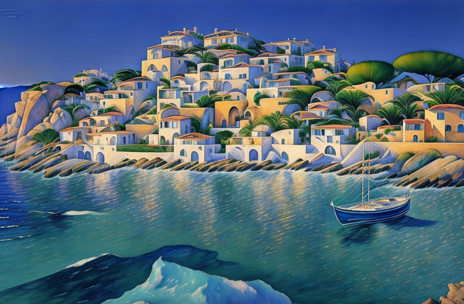 Scenic Mediterranean seaside village painting with sailboat