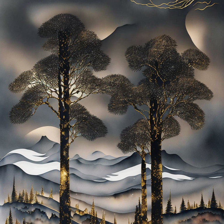 Stylized pine trees and golden branches against mountain silhouettes under a crescent moon