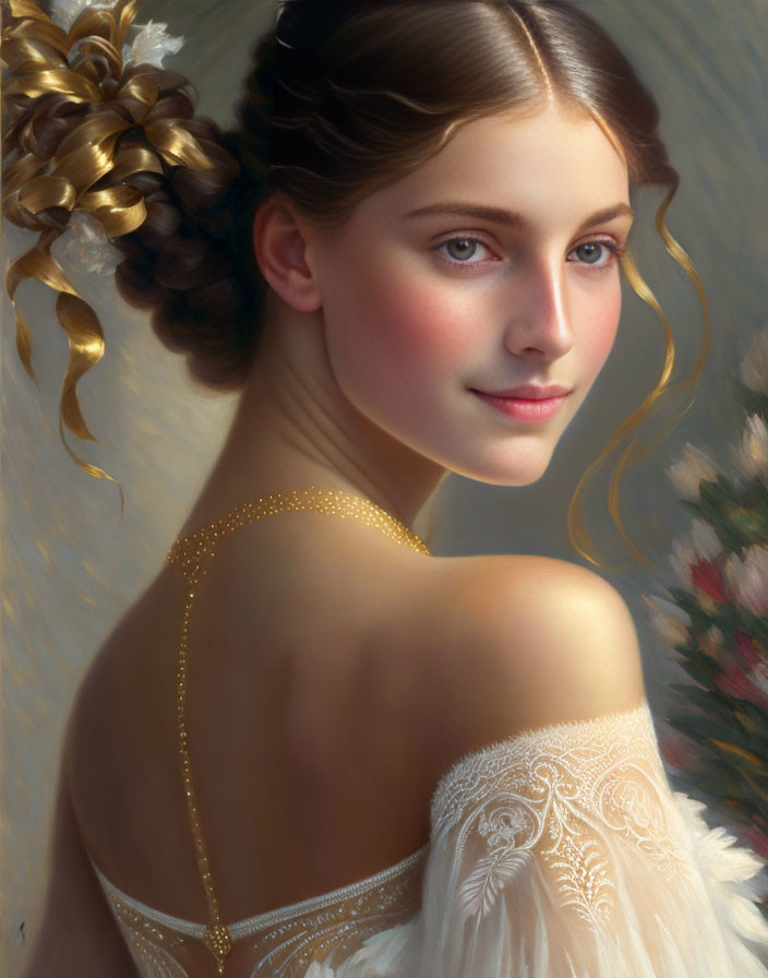 Portrait of young woman with intricate braided updo and white off-shoulder dress