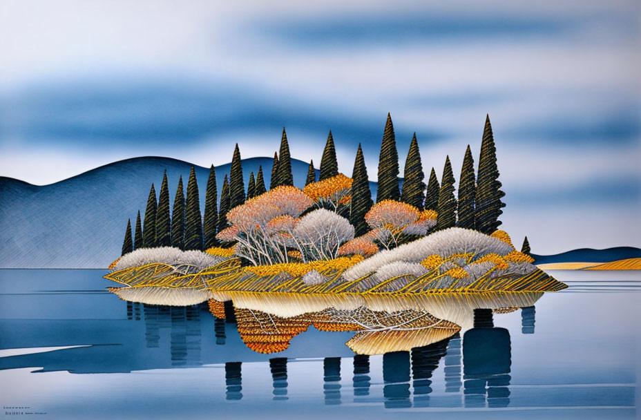 Scenic island painting with autumn trees and calm water