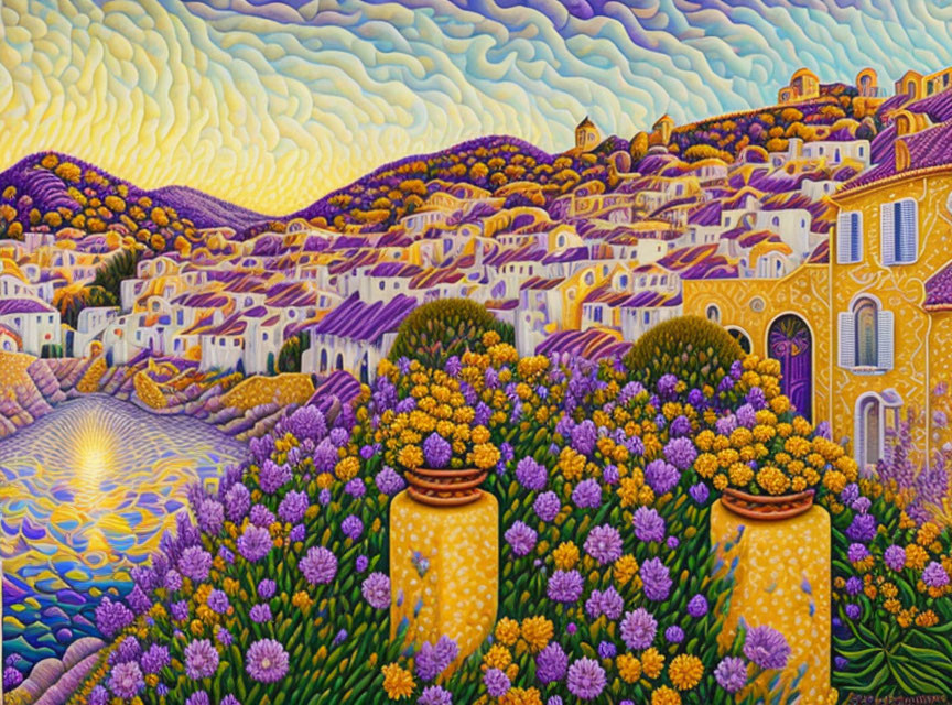 Colorful coastal town painting with purple flowers, golden-orange buildings, and wavy sky.