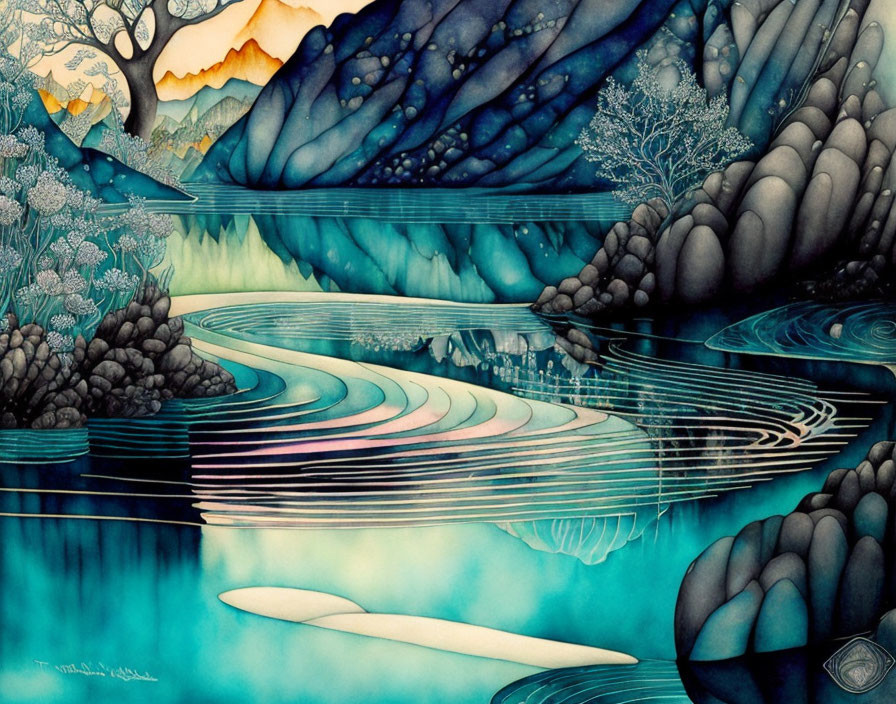 Stylized landscape painting with layered hills, trees, and serene river under orange and teal sky