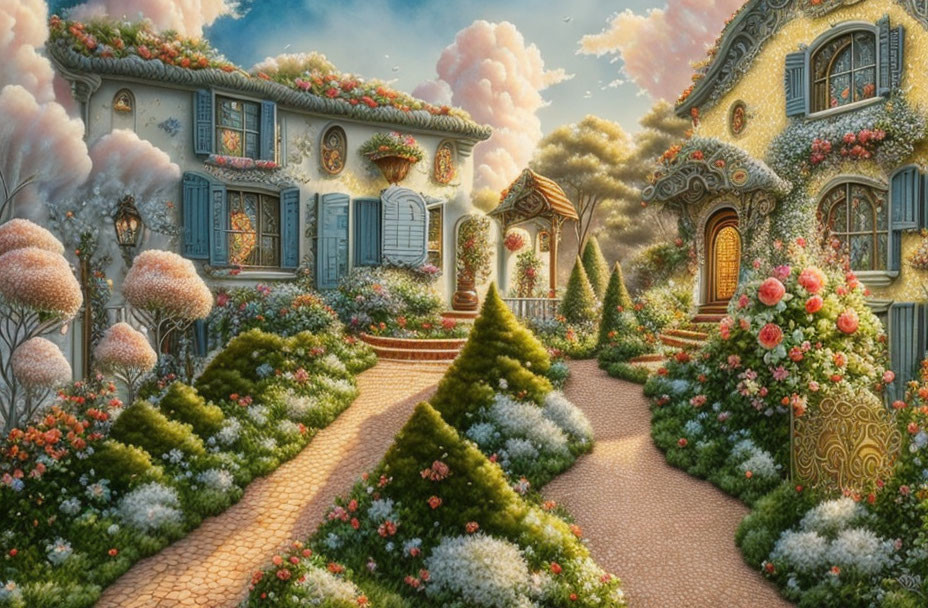 Enchanting painting of cobblestone path through lush garden