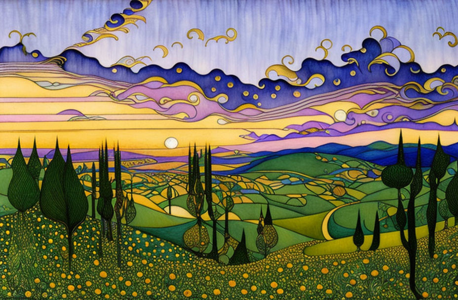 Stylized landscape painting with rolling hills and sunset sky