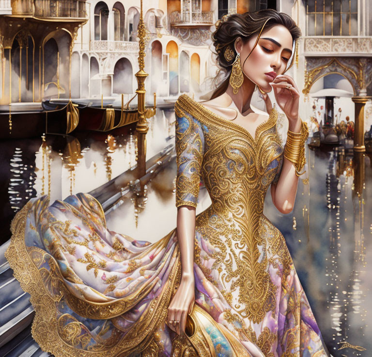 Elegant woman in golden dress ponders by serene waterway