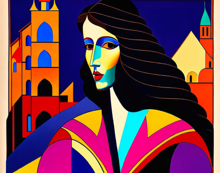 Vibrant Cubist painting of a woman's profile with architectural backgrounds