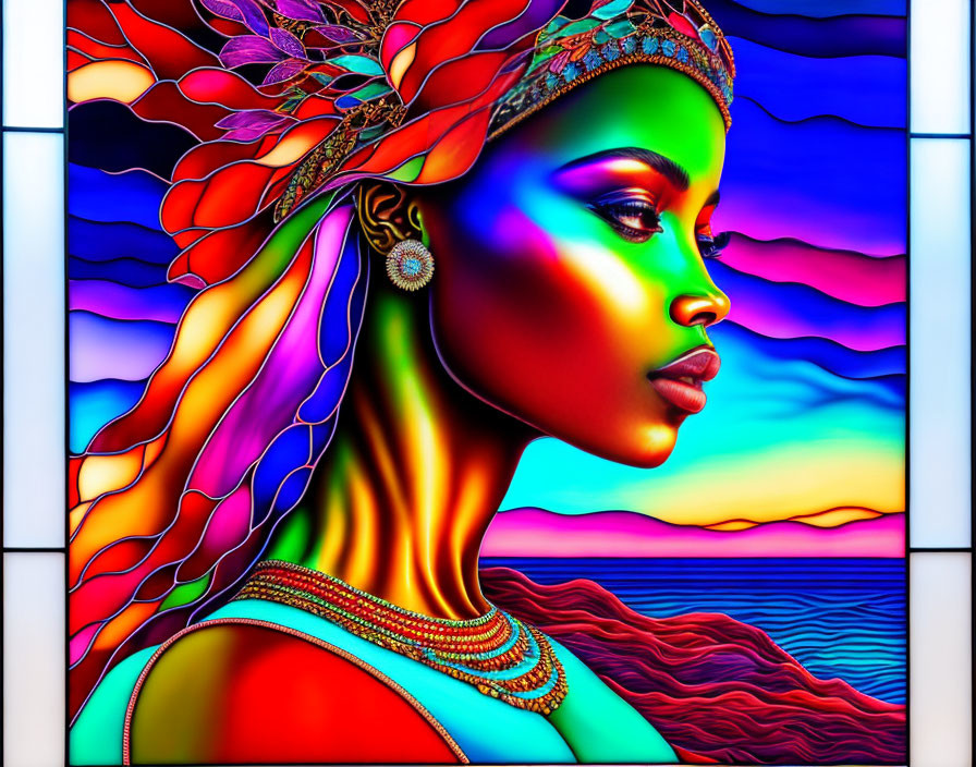 Colorful digital art portrait of a woman with sunset landscape patterns.