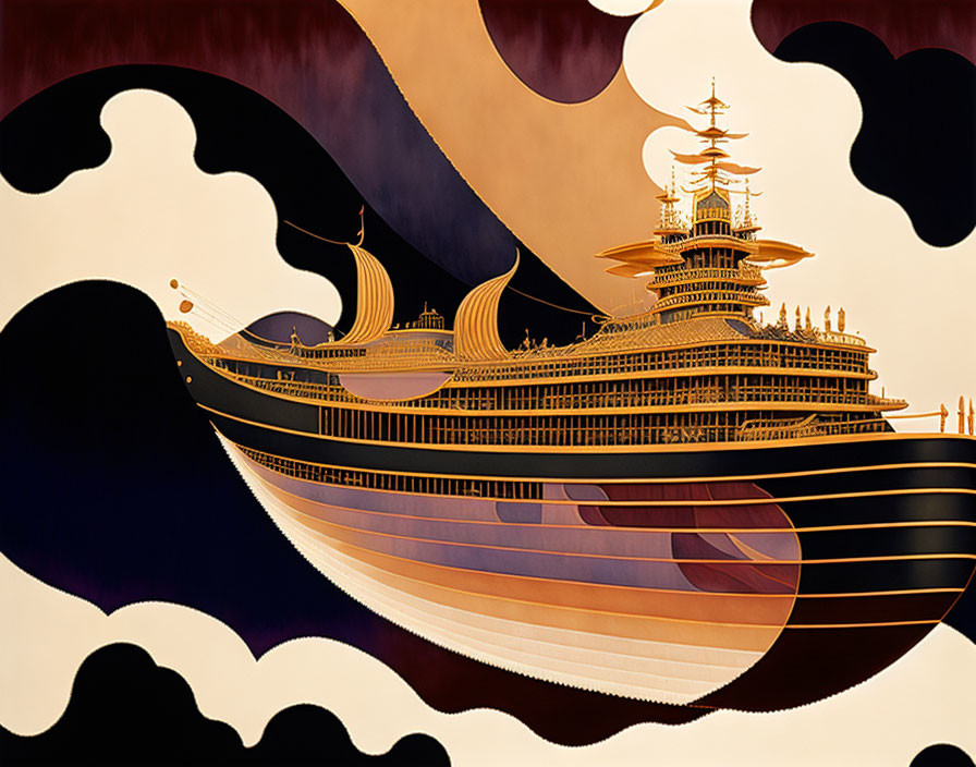 Mythical ornate ship illustration among abstract clouds