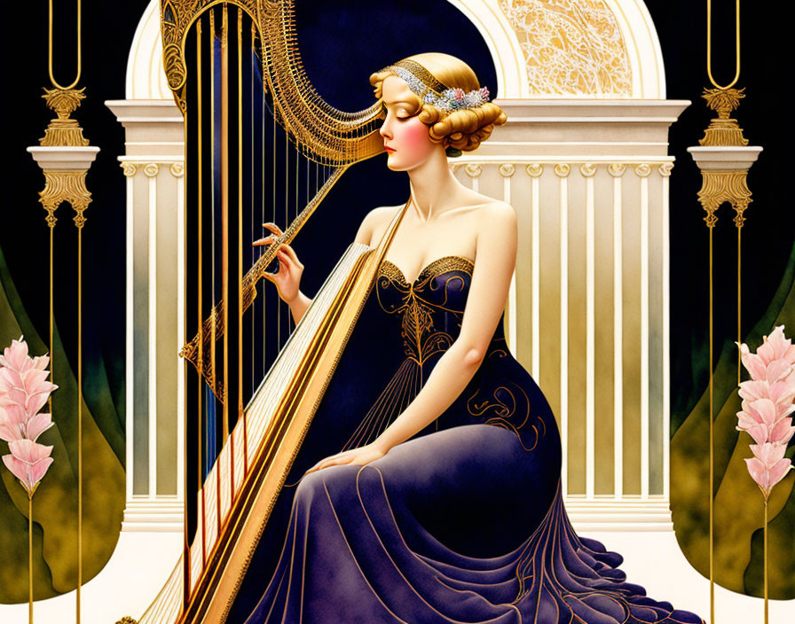 Stylized illustration of woman playing golden harp in elegant blue gown