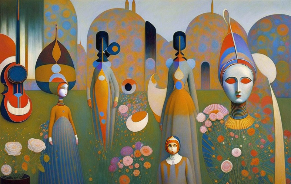 Colorful Abstract Art: Stylized Figures in Surreal Landscape