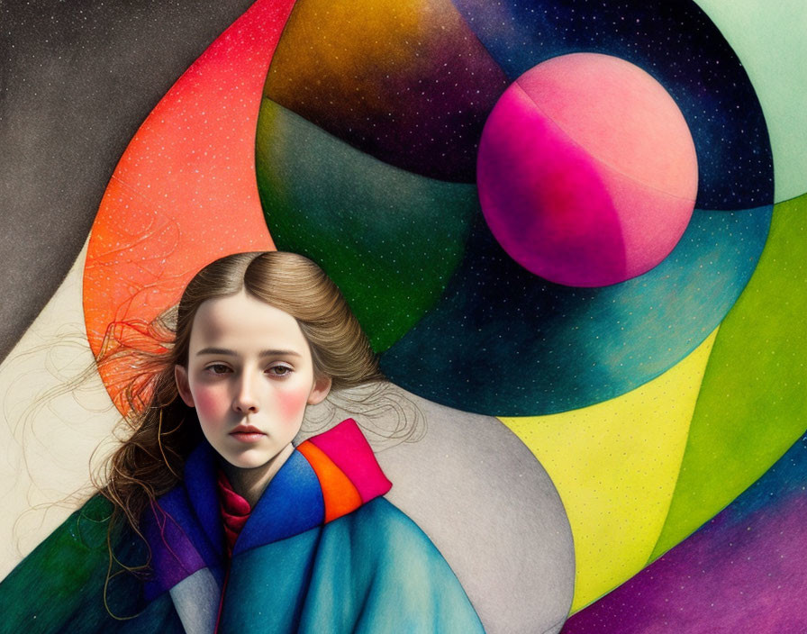 Girl with Wavy Hair in Colorful Collar on Abstract Cosmic Background