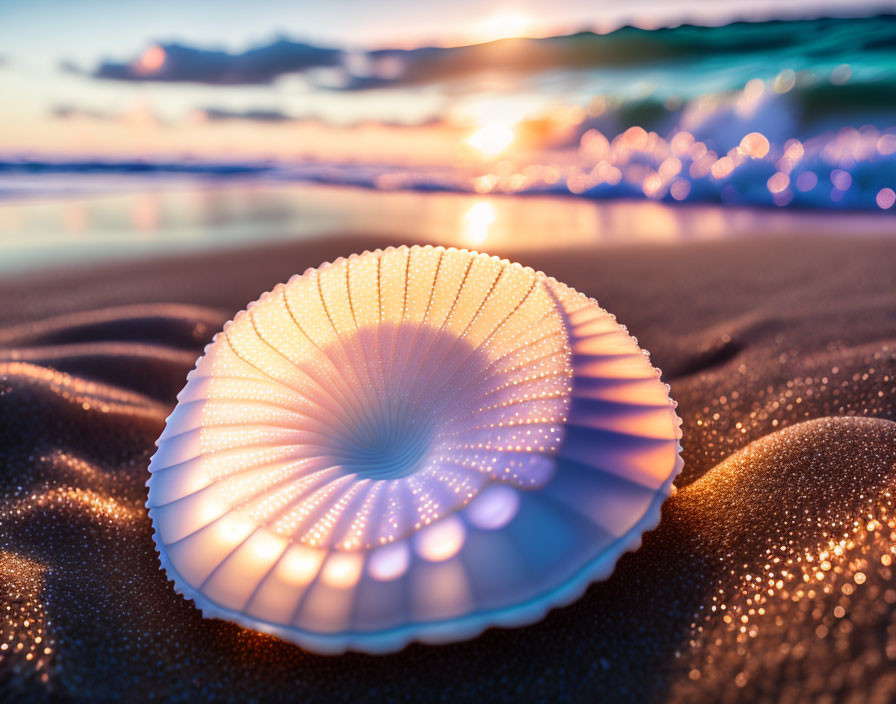 Colorful Sunset Beach Scene with Radiant Seashell