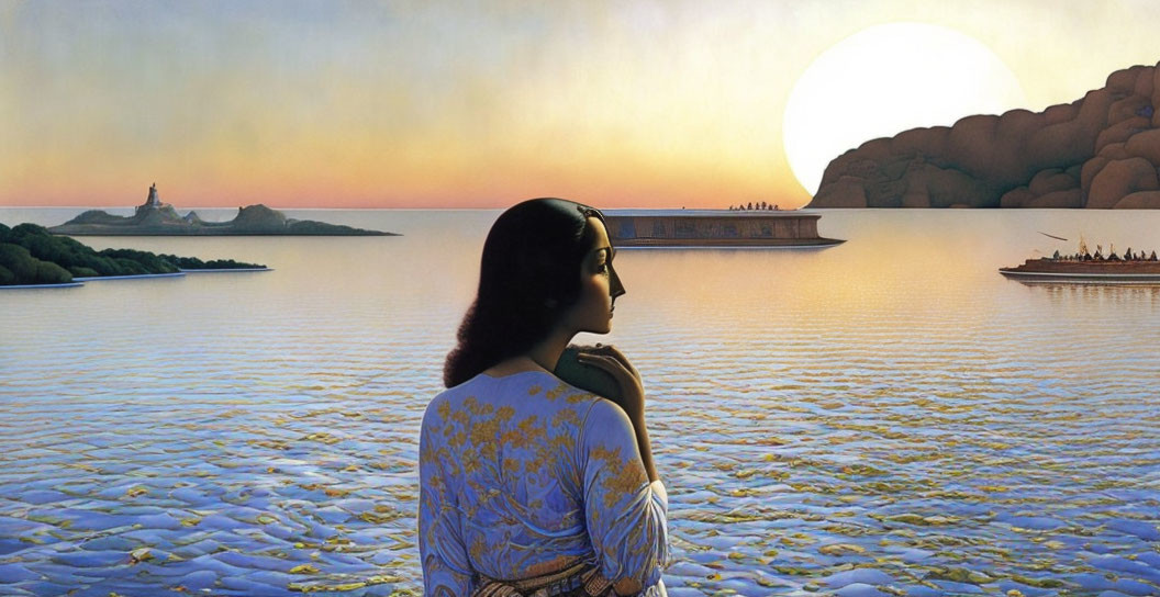 Surreal painting of woman by tranquil sea at sunset