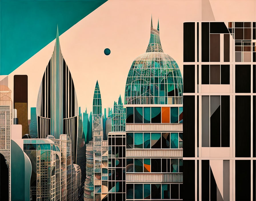 Geometric cityscape with sharp spires and glass towers in teal and coral sky