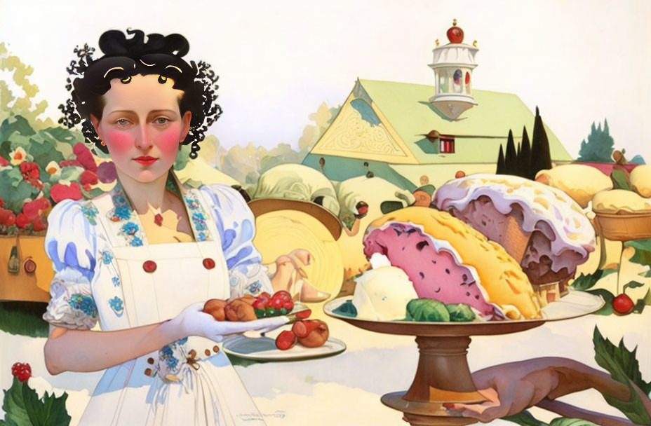 Woman holding tray of strawberries in whimsical countryside setting