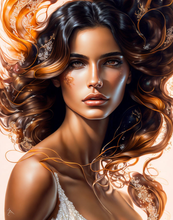 Digital Artwork: Woman with Flowing Hair and Golden Embellishments