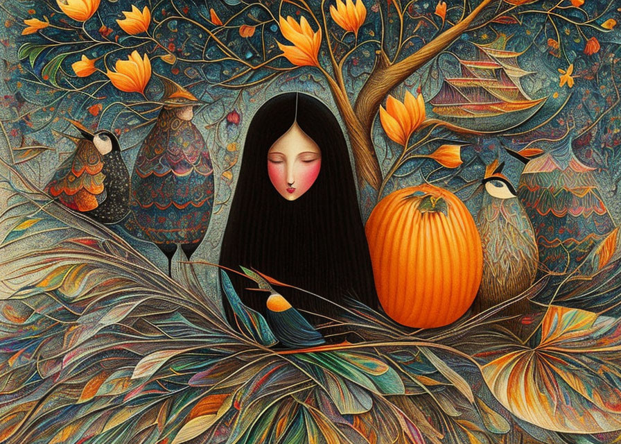 Detailed illustration: Woman with long black hair, birds, pumpkin, and autumn leaves.