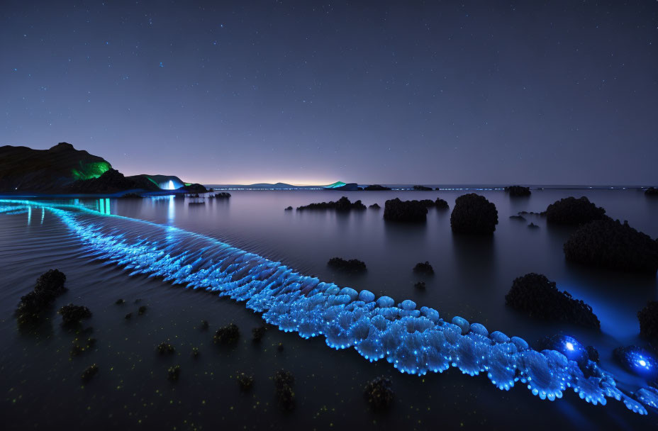 Bioluminescent organisms light up dark beach at night