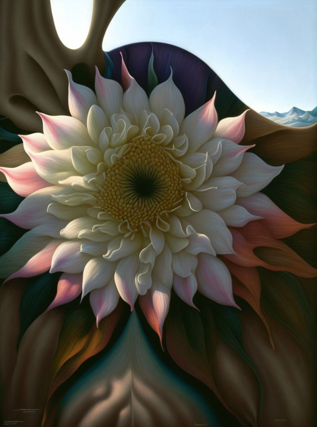 Surreal artwork: oversized blooming flower, flowing petals, mountainous background, twilight sky