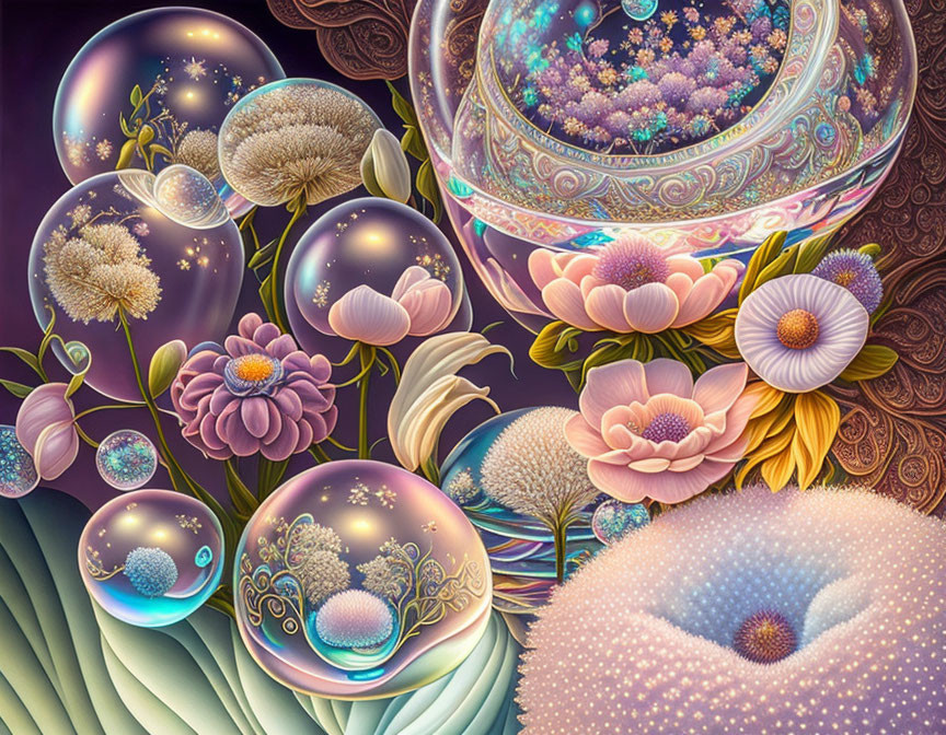 Colorful digital artwork with stylized flowers, miniature landscapes, and cosmic patterns