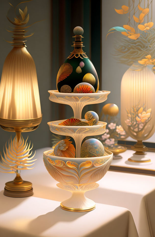 Intricate gold and floral patterns on egg-shaped object in decorative room