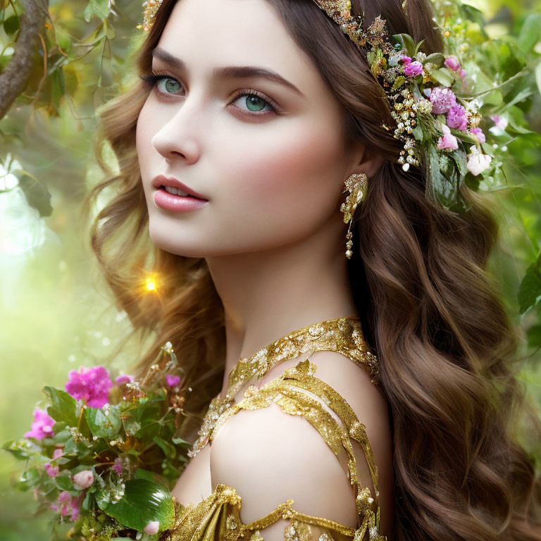 Woman in floral headpiece and golden attire in lush green setting with soft glowing light.