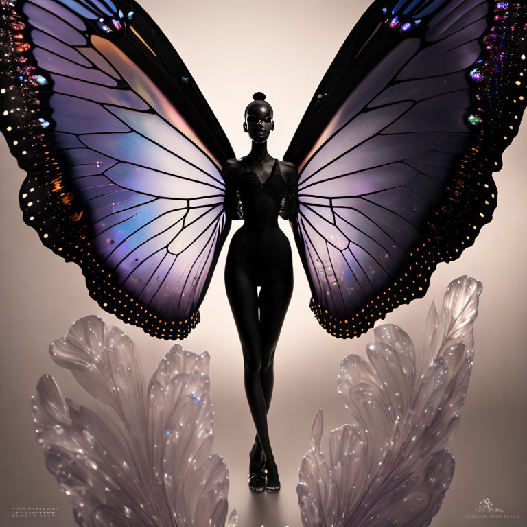 Digital artwork featuring female figure with large butterfly wings and translucent flowers on neutral background