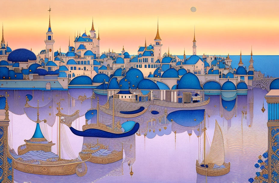 Whimsical cityscape with blue domed buildings and floating ship