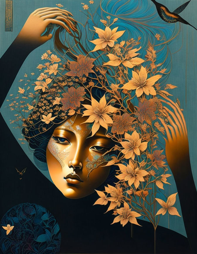 Woman with golden flowers and leaves in flowing hair, bird accent, dark teal background